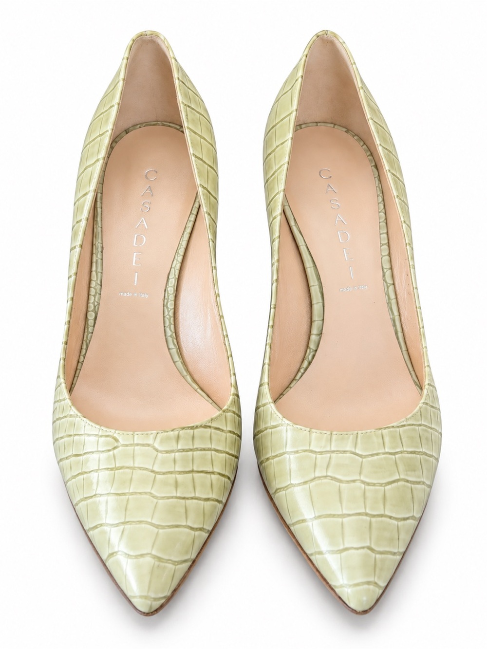 Casadei Light Green Croc-Embossed Pointed Toe Pumps